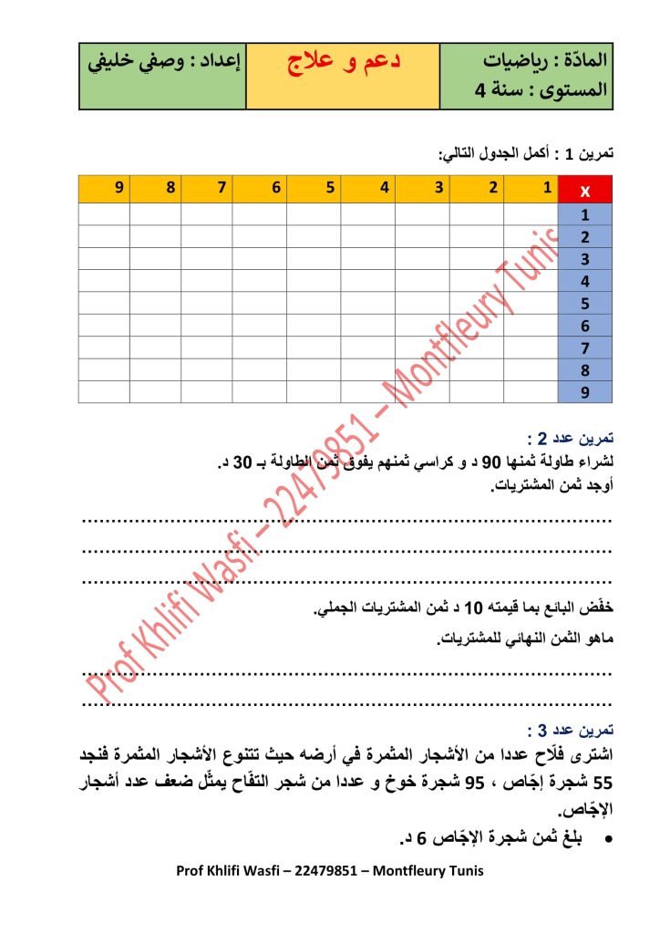 رياضيات سنة 4 الثلاثي الأول بالإصلاح