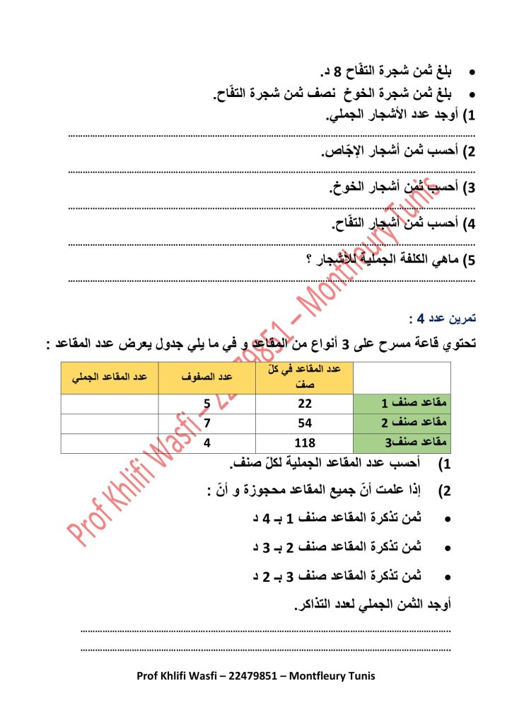 رياضيات سنة 4 الثلاثي الأول بالإصلاح