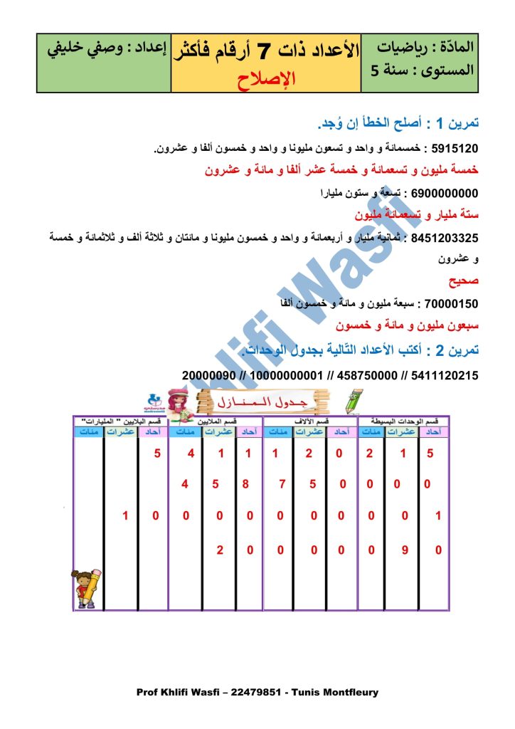 رياضيات سنة 5 الأعداد ذات 7 أرقام فأكثر 