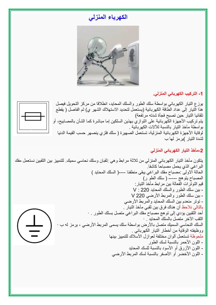الكهرباء المنزلي بحث مدرسي 9 أساسي